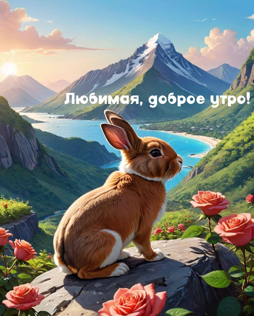 Утро, милый кролик на камне в окружении роз