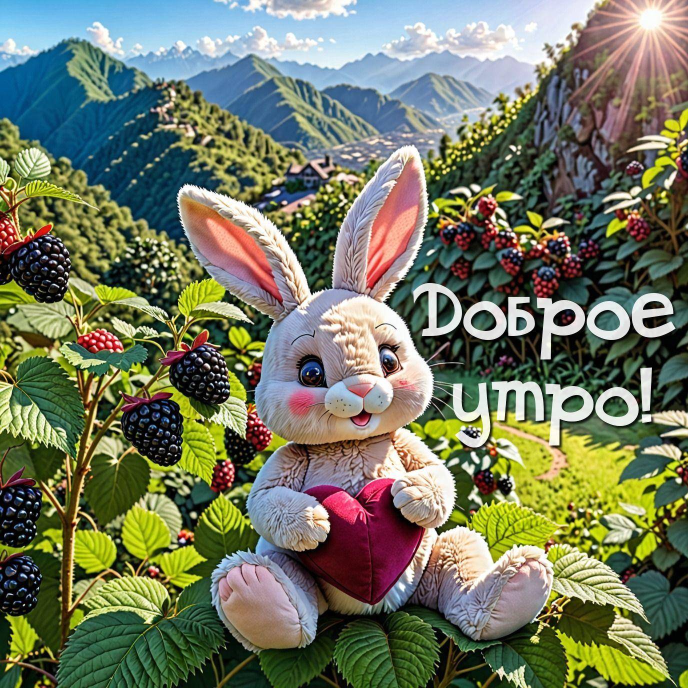 Утро, милый зайчик с сердечком среди кустов ежевики