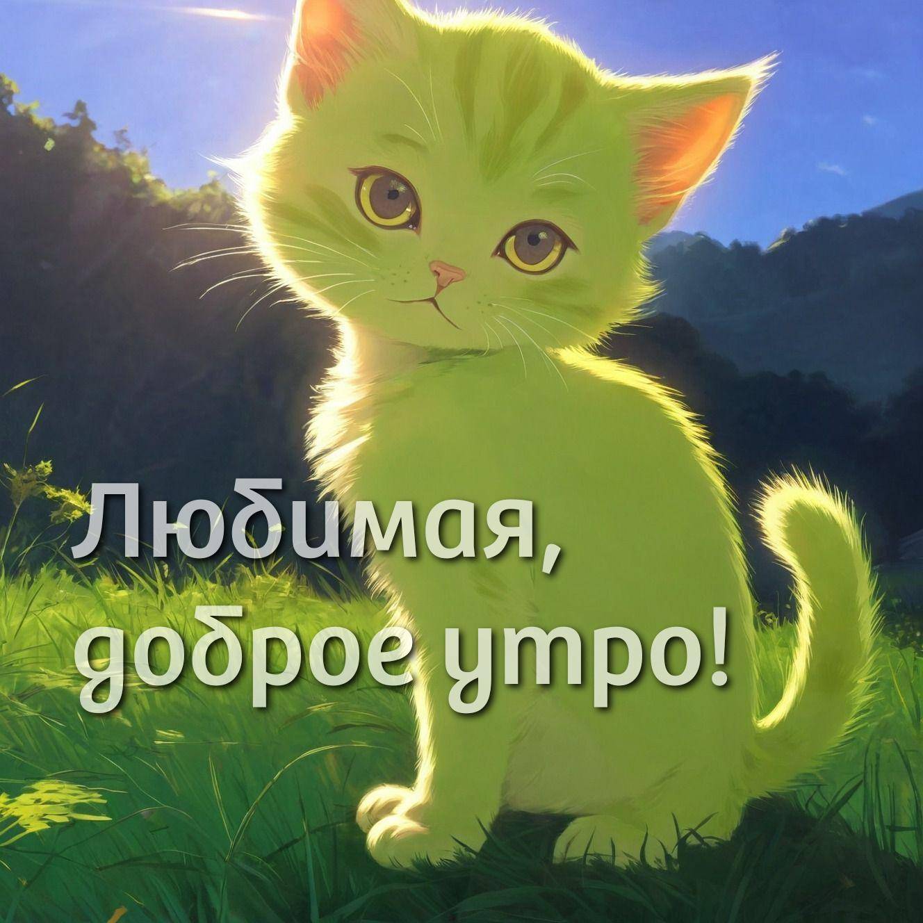 Утро, мультяшный зелёный котенок на траве