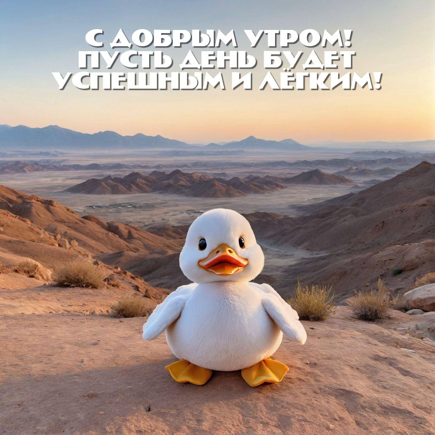 Утро, мягкая игрушка-утенок на фоне холмов