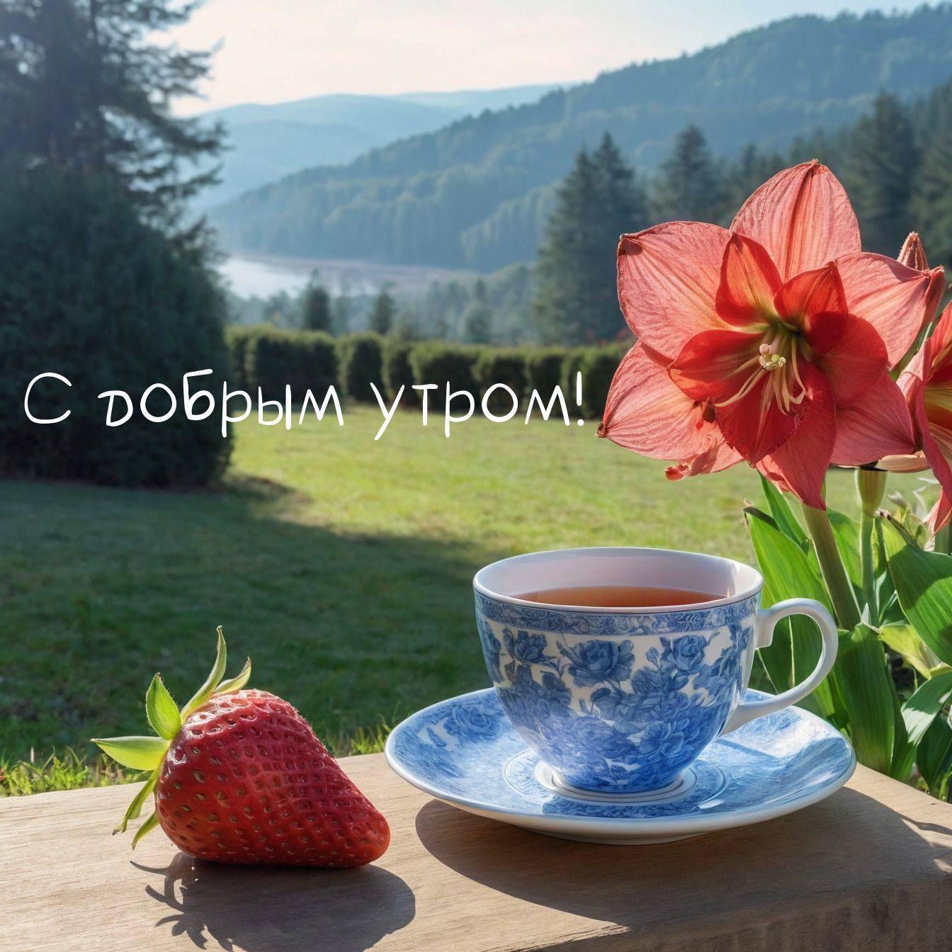 Утро, на изображении показан спокойный вид на природу с чашкой чая на переднем плане.