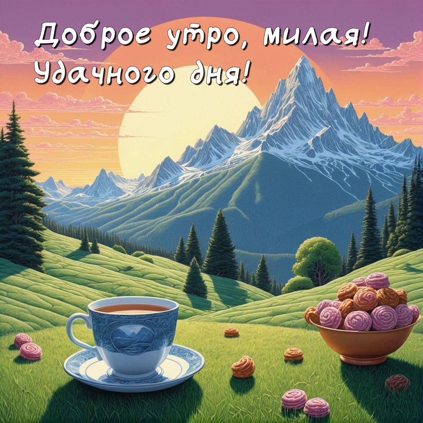 Утро, на переднем плане чашка с напитком, миска сладостей