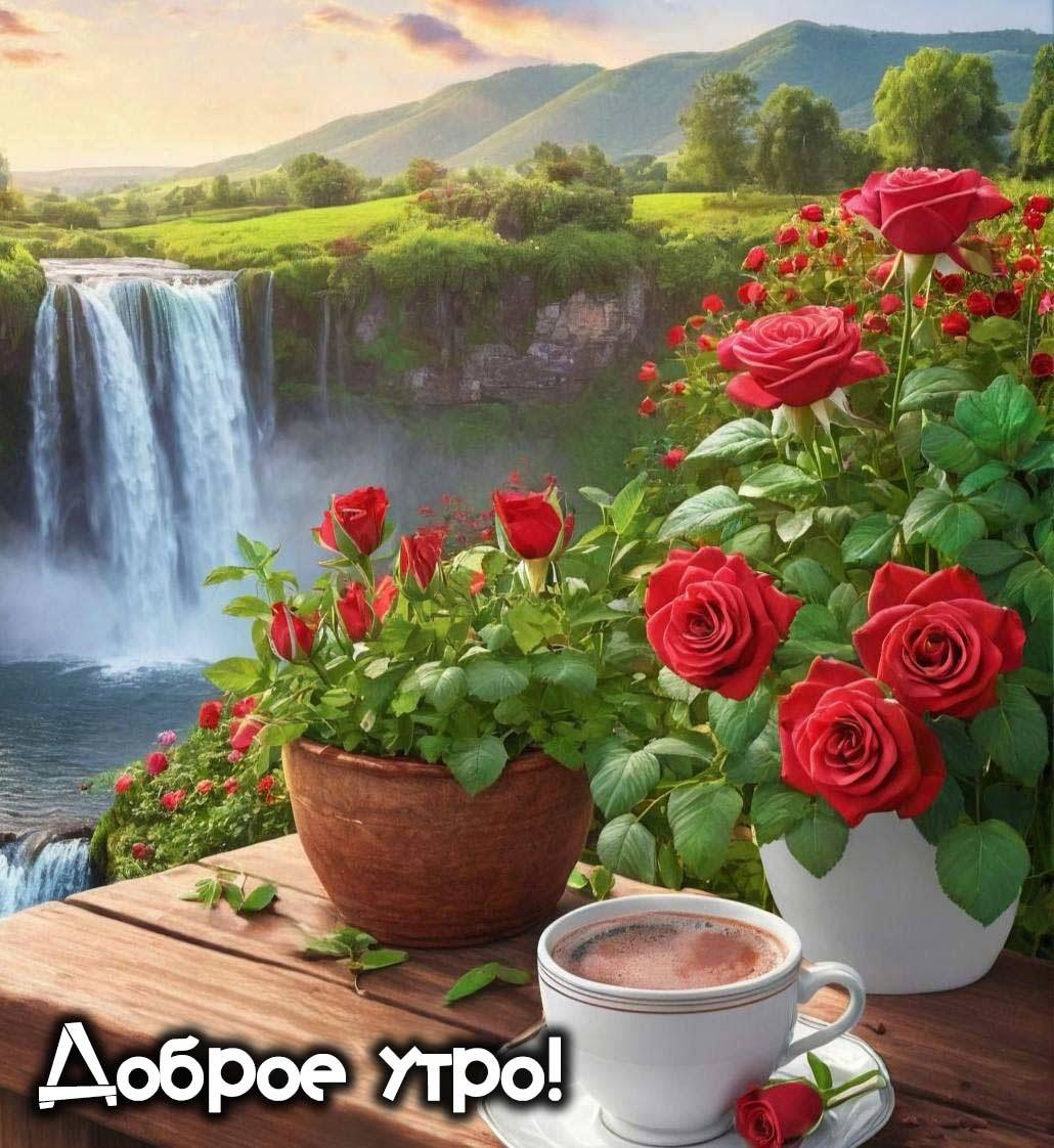 Утро, на переднем плане два горшка с красными розами, кофе