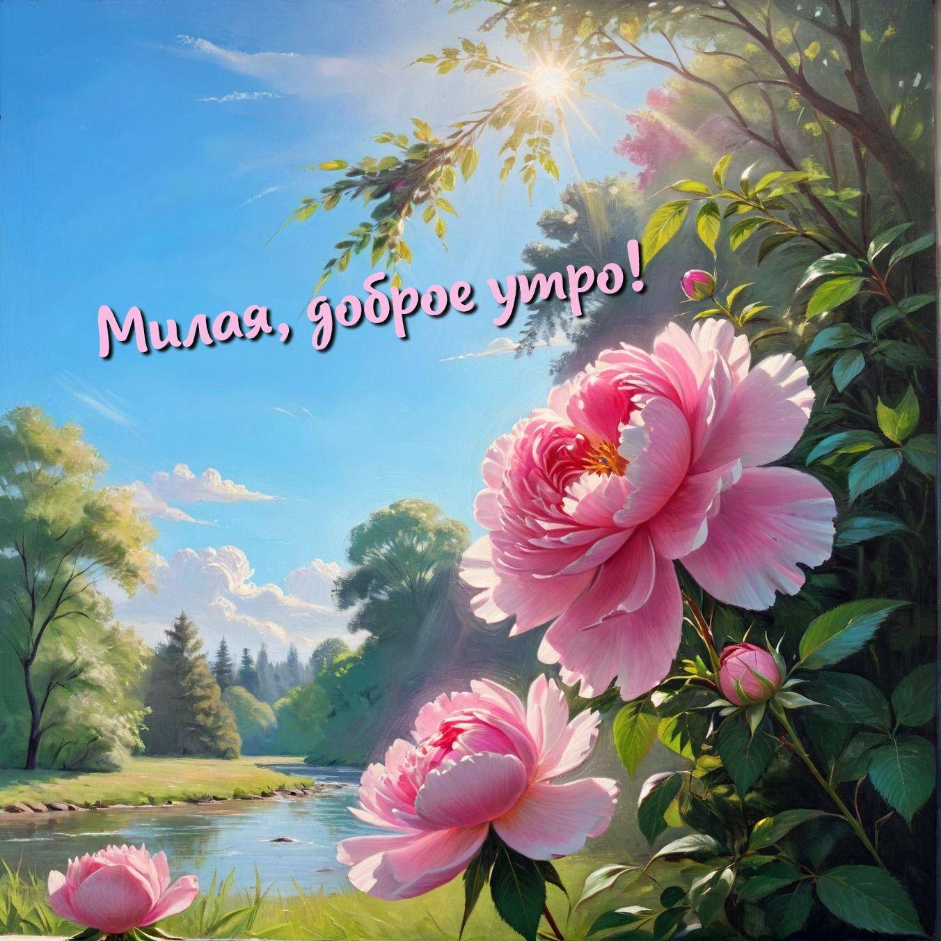 Утро, на переднем плане пионы, на заднем - речка и деревья.