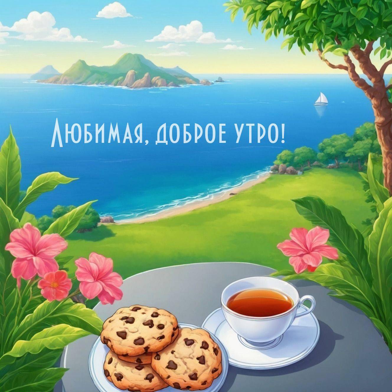 Утро, на столике чашка чая и тарелка с печеньем