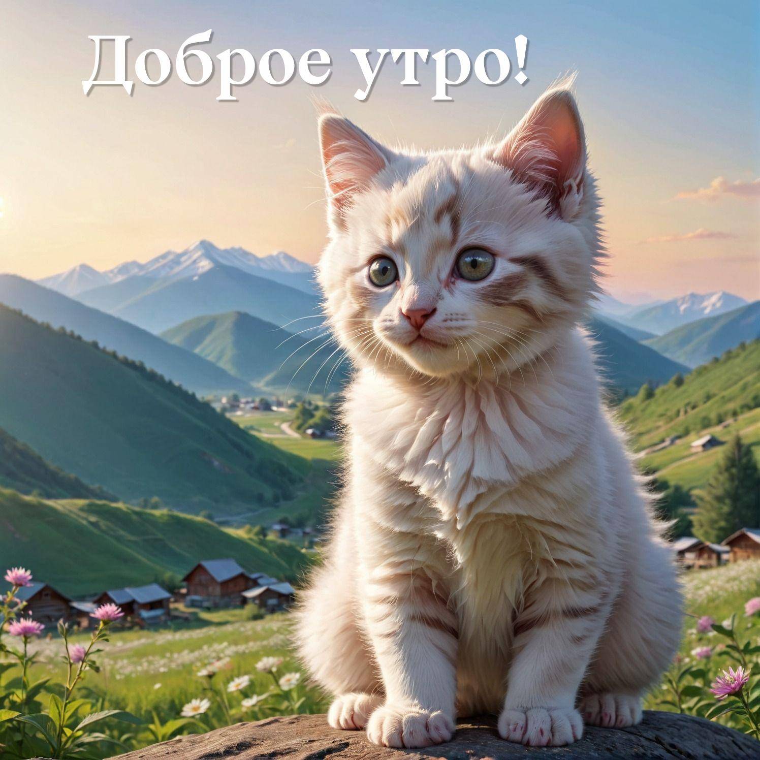 Утро, очаровательный котёнок на фоне живописного пейзажа