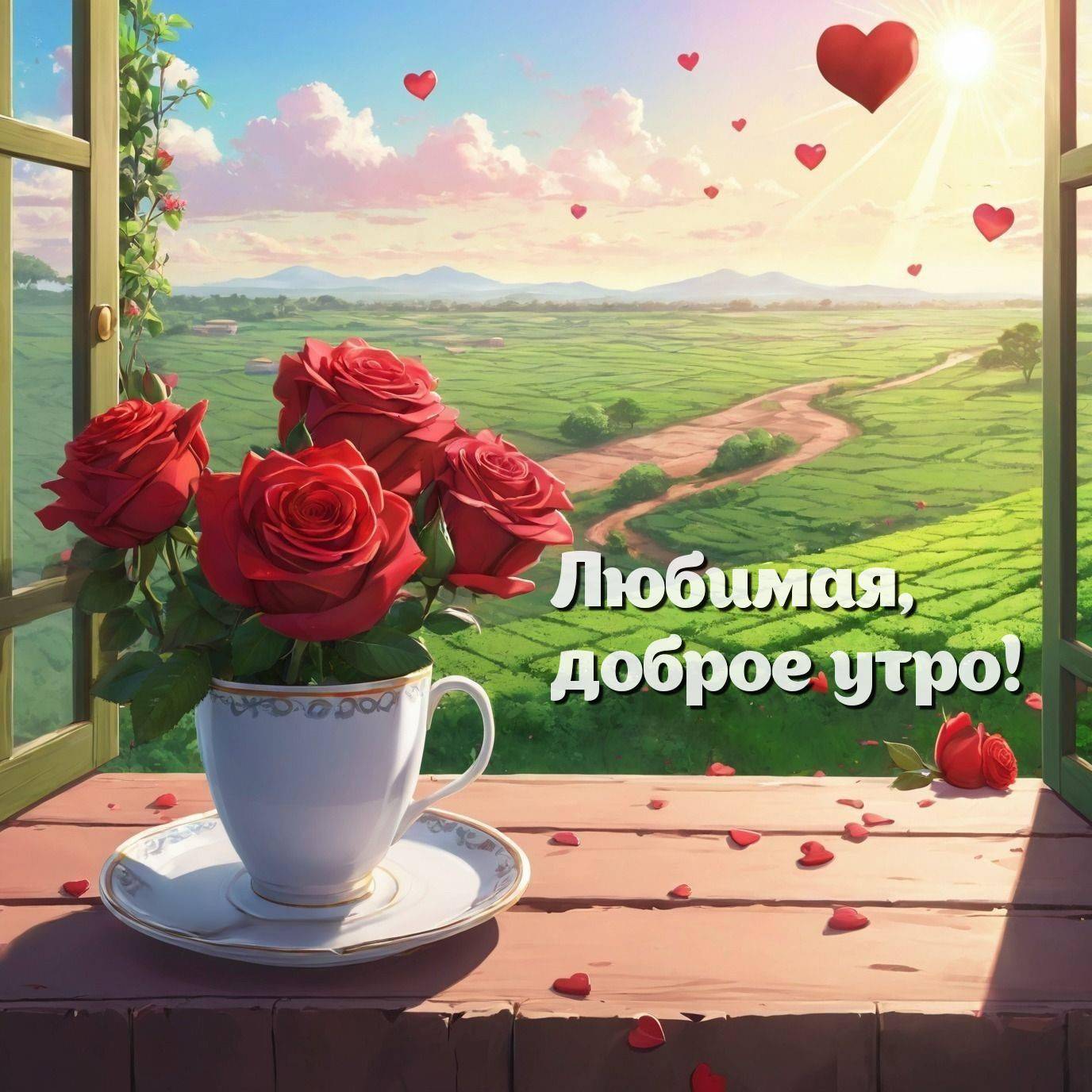 Утро, окно с видом на зелёные поля, чашка и розы