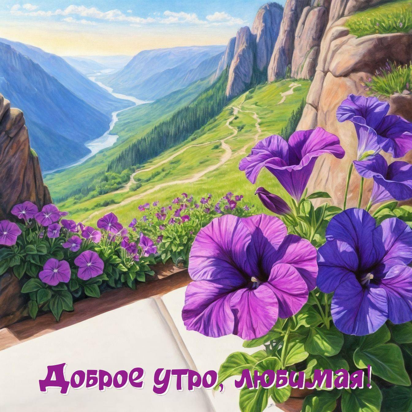 Утро, пейзаж с фиолетовыми цветами на террасе. Могучие горы на заднем плане
