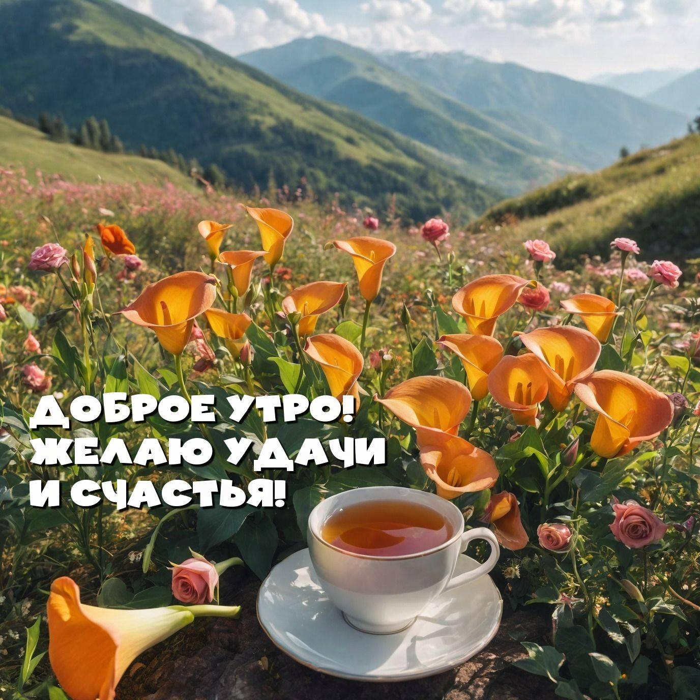 Утро, пейзаж с горами, цветами и чашкой чая