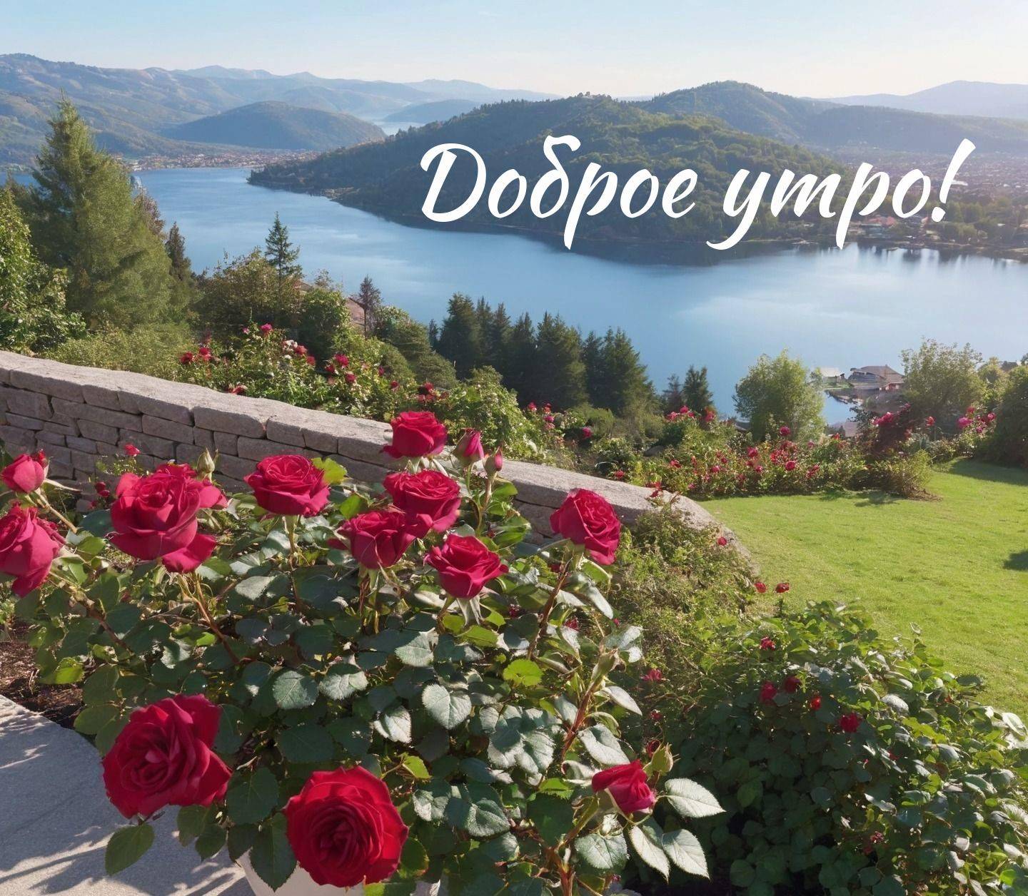 Утро, пейзаж с красными розами, озером и холмами