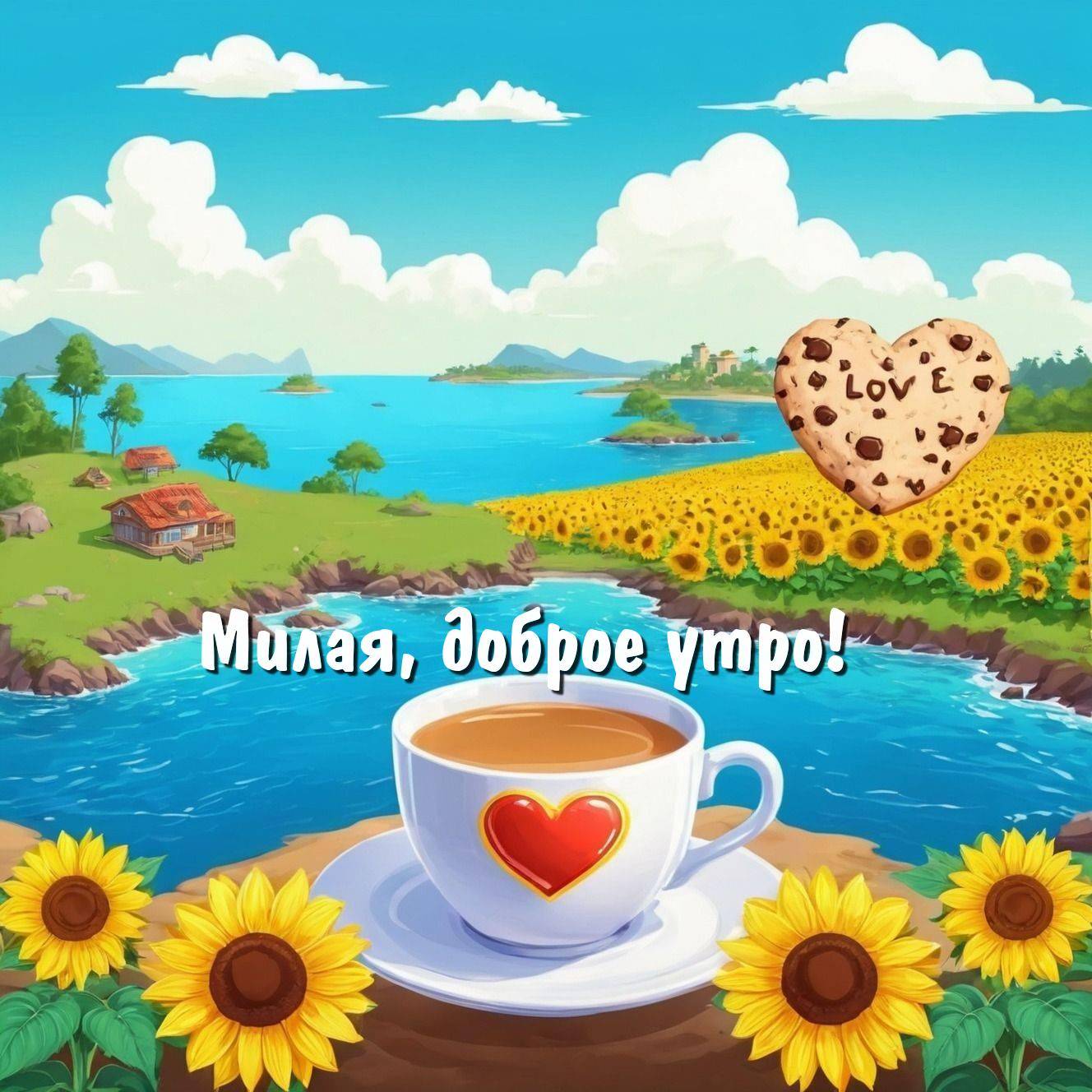 Утро, пейзаж с рекой, подсолнухами и чашкой с сердцем