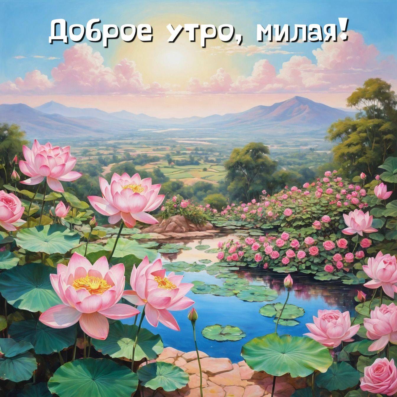 Утро, пейзаж с розовыми лотосами на пруду