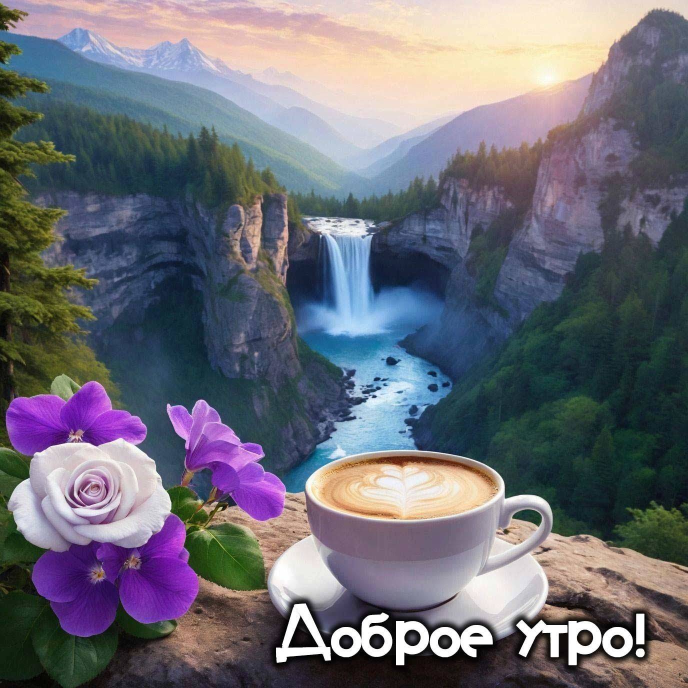 Утро, пейзаж с водопадом, чашка кофе и цветы
