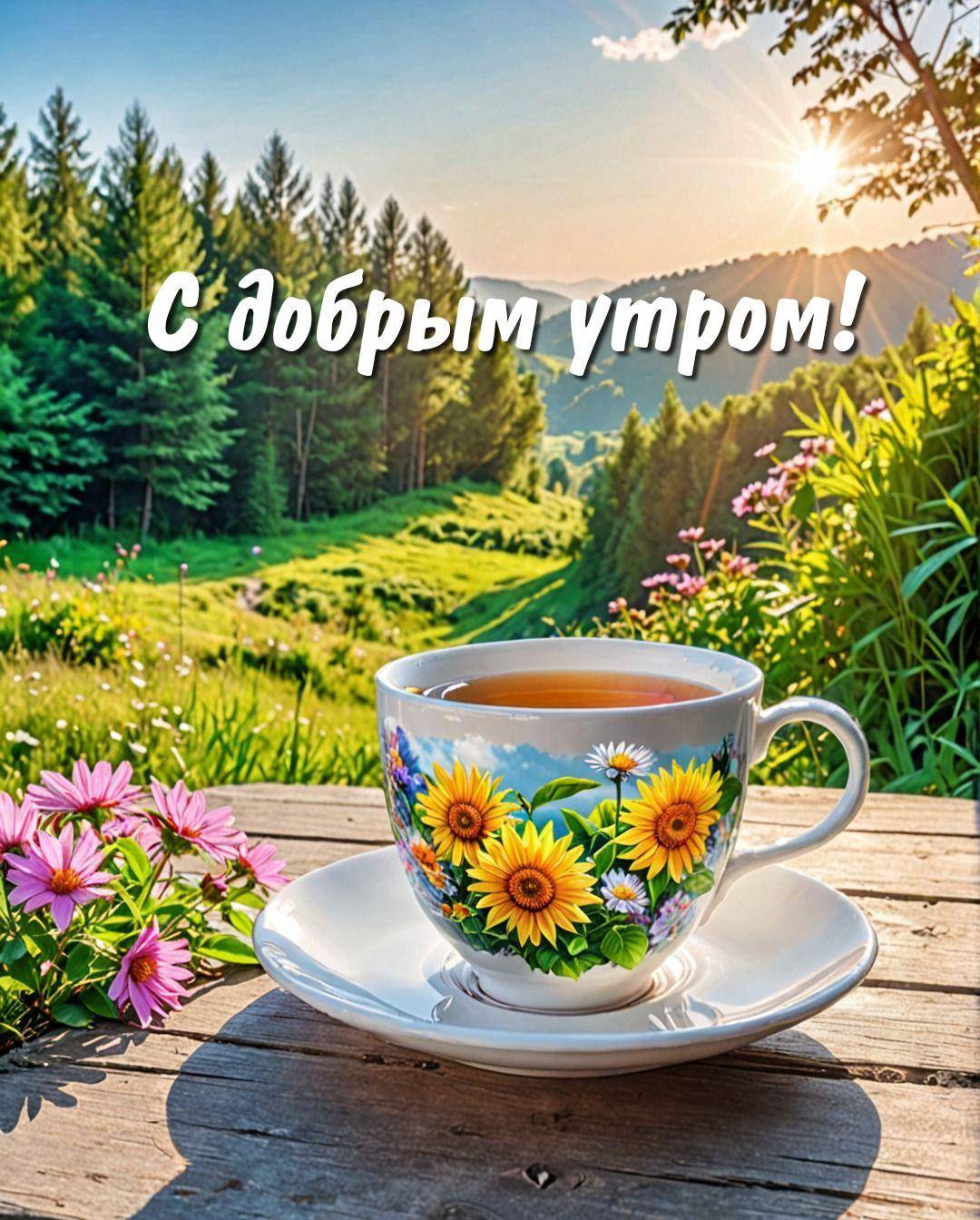 Утро, пейзаж с зелёными холмами и чашкой на столе