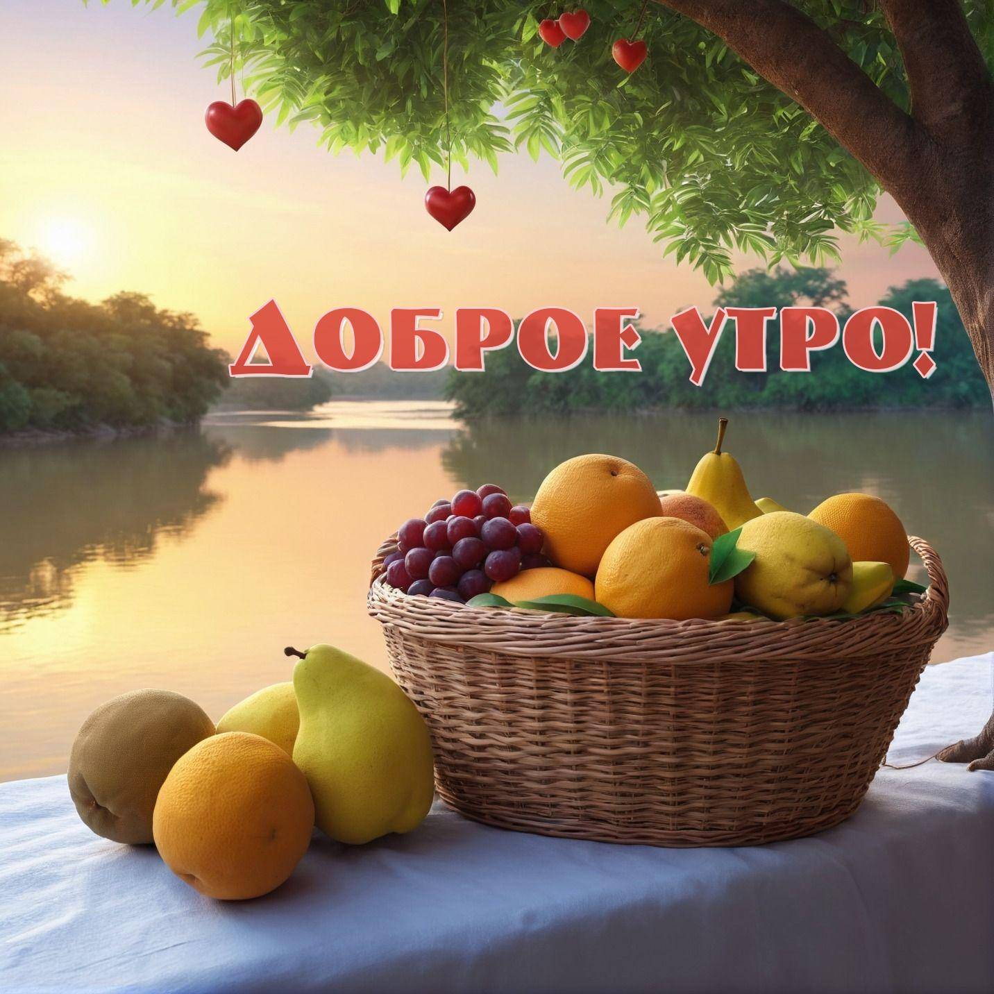 Утро, плетёная корзина с фруктами на белой скатерти