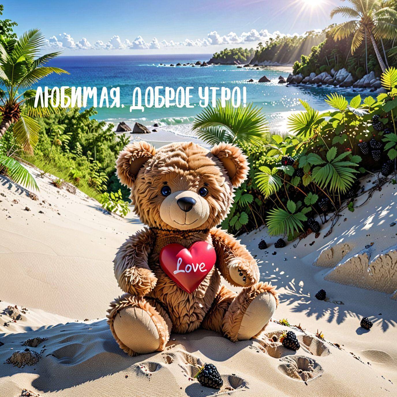 Утро, плюшевый медведь на пляже с сердцем LOVE