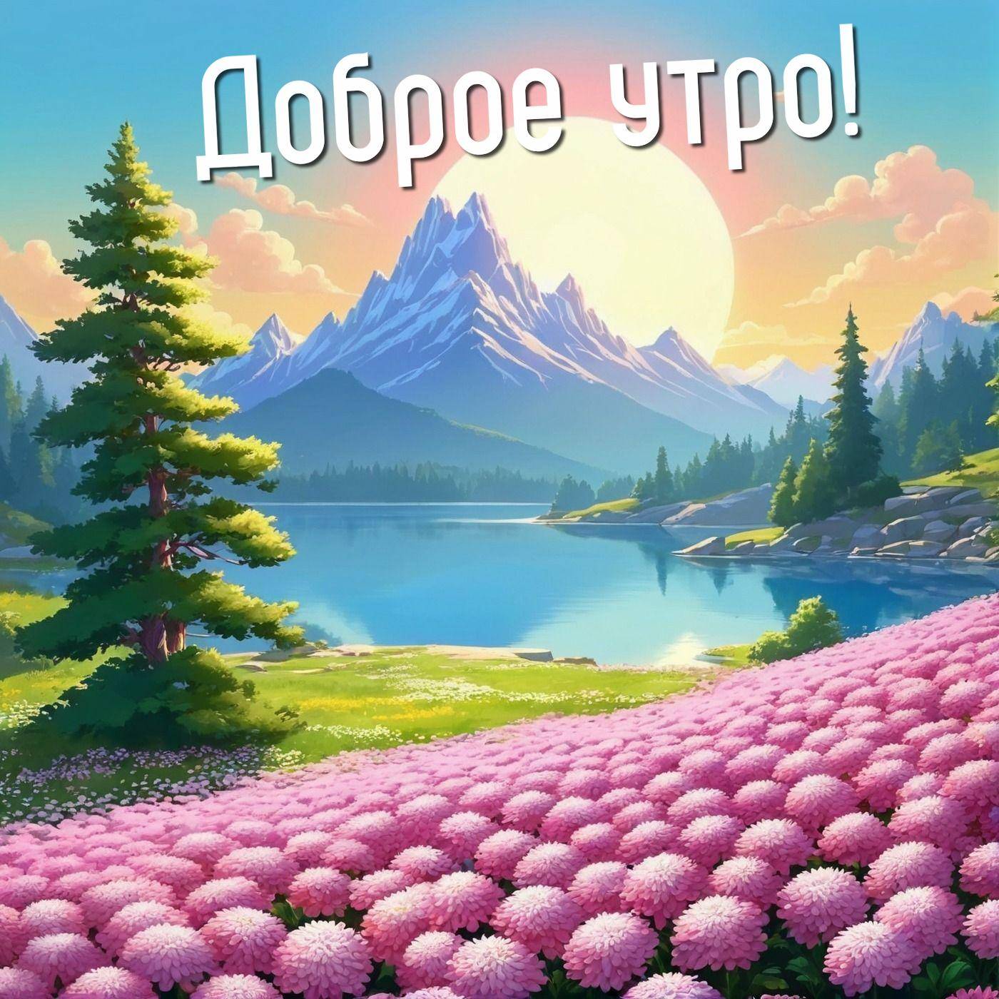 Утро, поле с цветами, озеро и горы