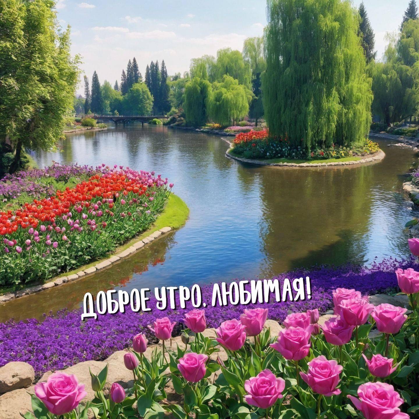 Утро, пруд в парке с цветами и мостом