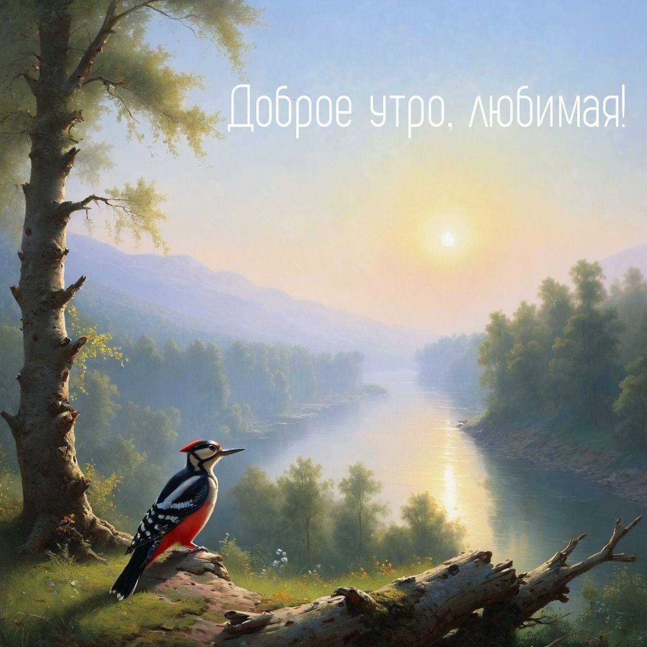 Утро, птица на фоне живописного пейзажа