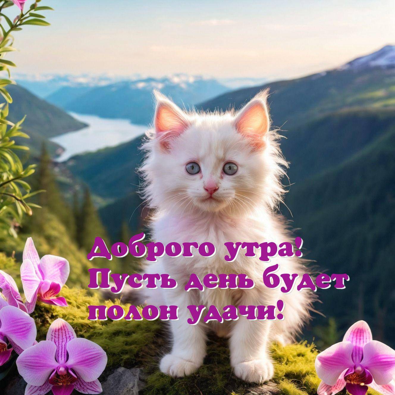 Утро, пушистый белый котёнок с голубыми глазами