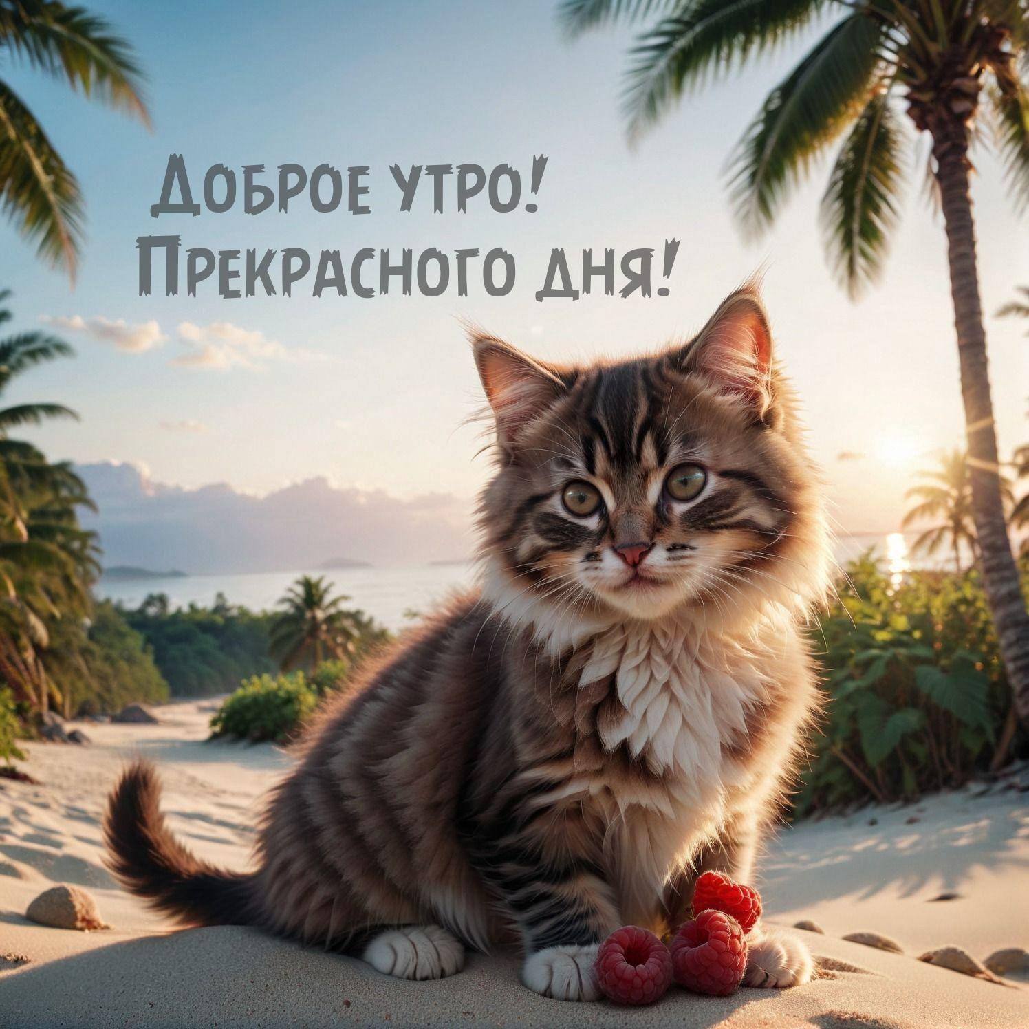 Утро, пушистый котенок на пляже с малиной