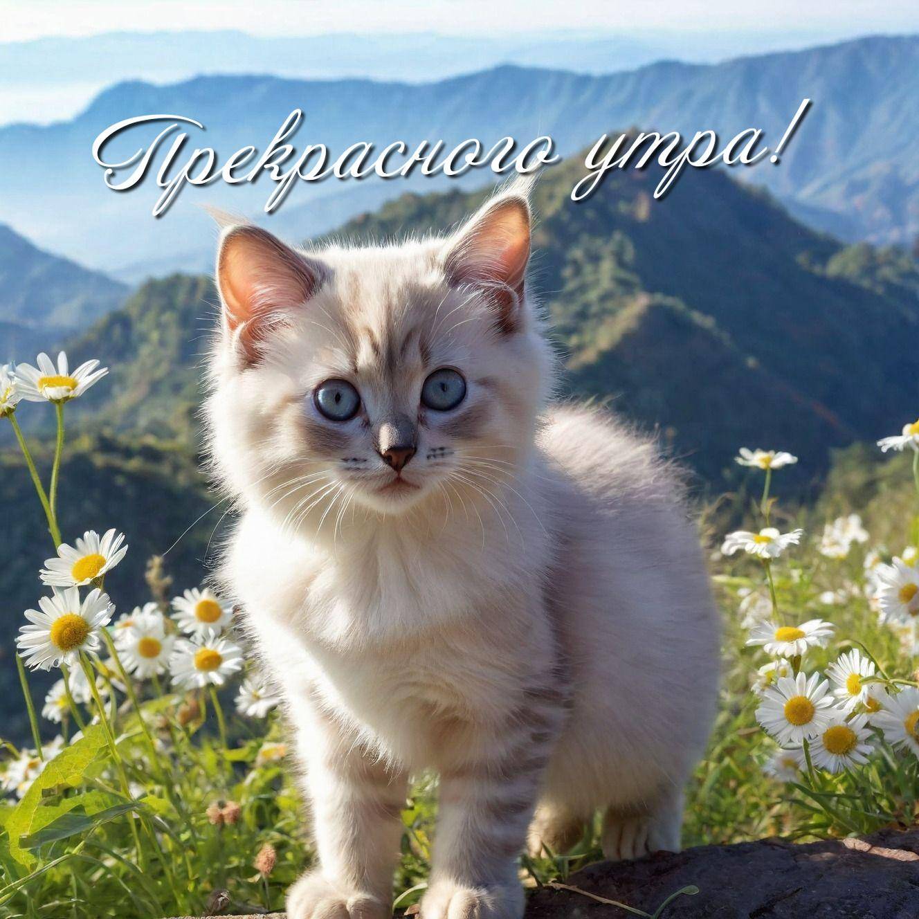 Утро, пушистый котёнок с голубыми глазами и ромашками