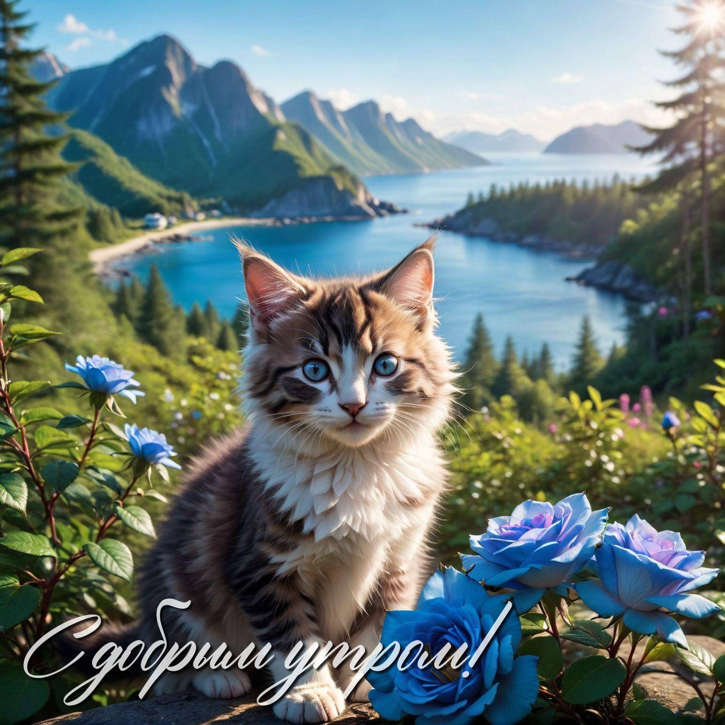Утро, пушистый котёнок с голубыми глазами среди синих роз