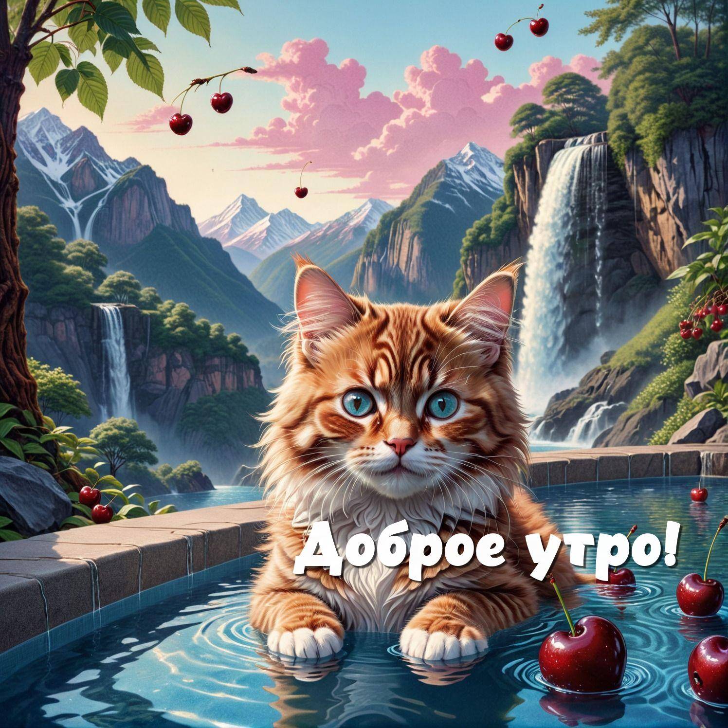Утро, пушистый рыжий кот с голубыми глазами в бассейне