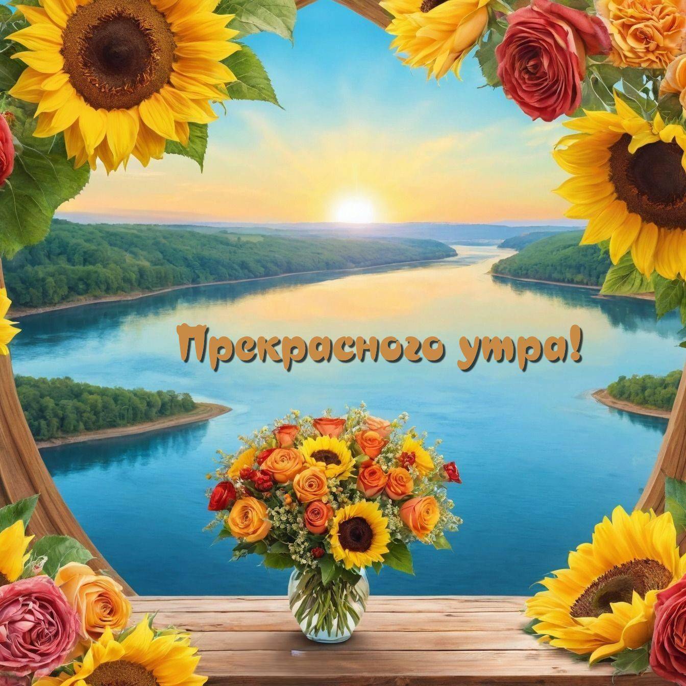 Утро, река между холмами, вазочка с цветами на переднем плане