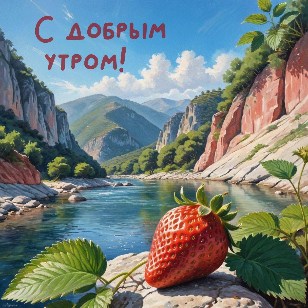 Утро, река между скалами и клубника на камне