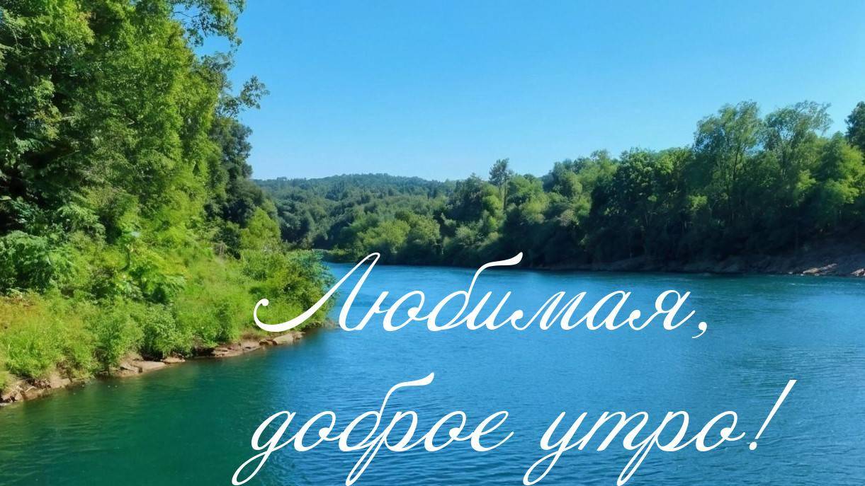 Утро, река с прозрачной водой и зелеными деревьями