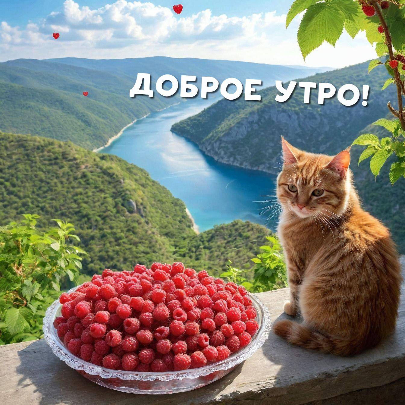 Утро, рыжий кот на парапете с тарелкой малины