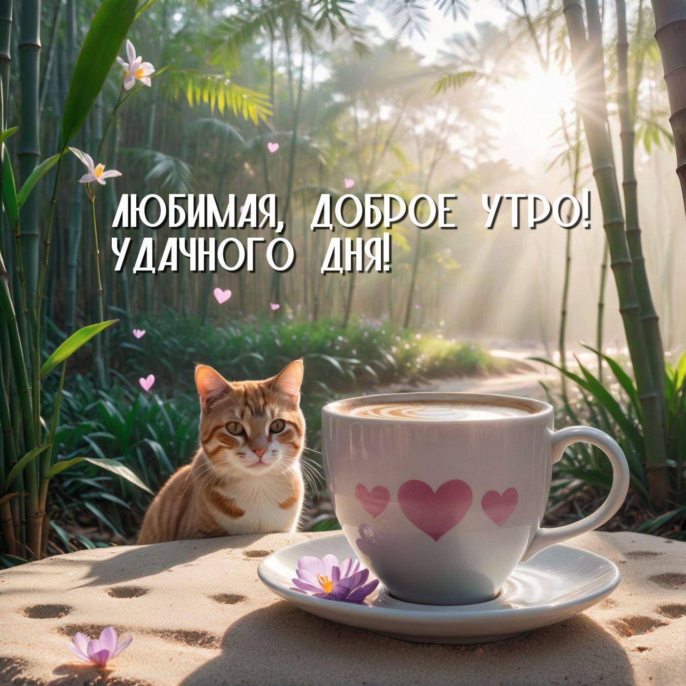 Утро, рыжий кот в саду среди бамбука