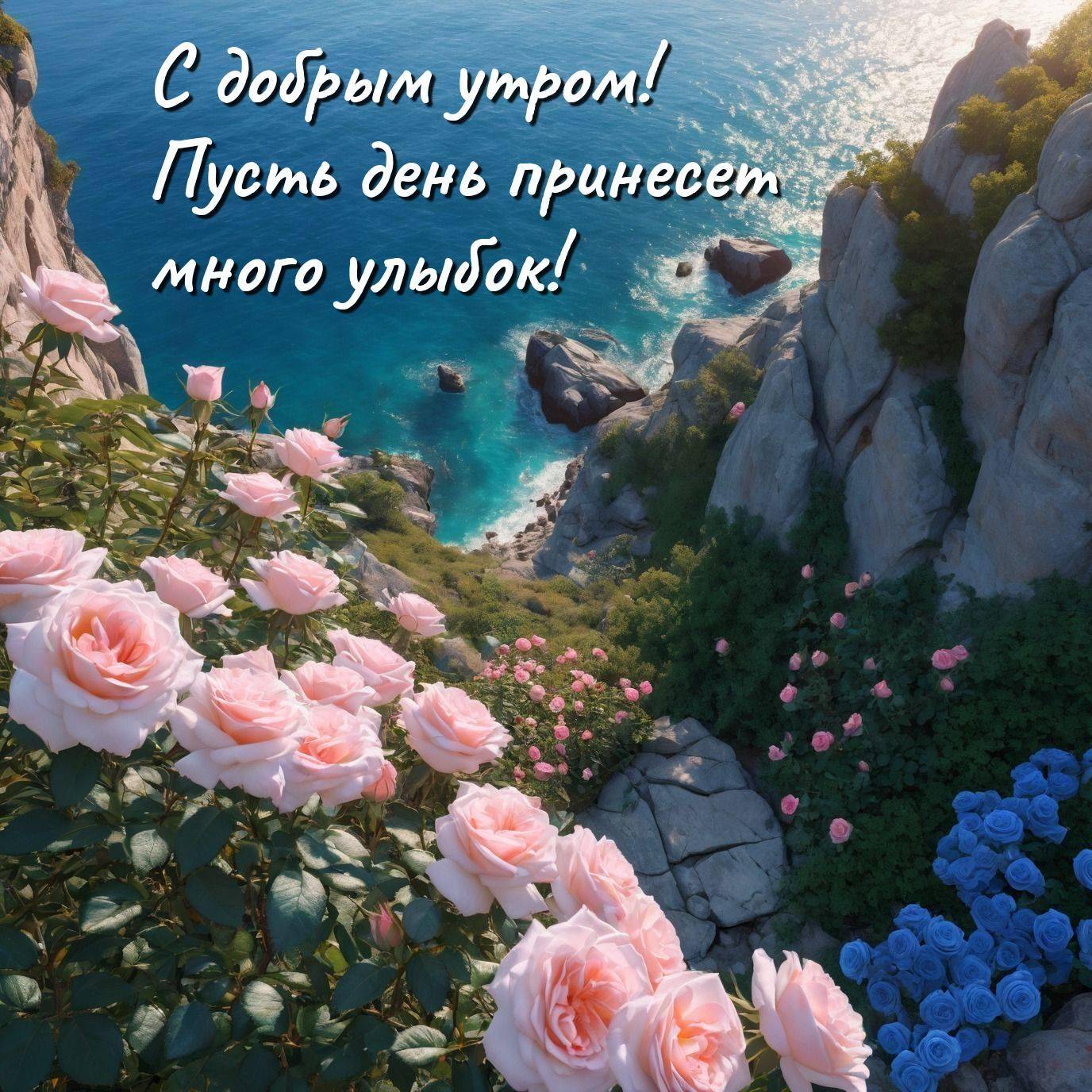 Утро, розы на склоне у бирюзовой воды