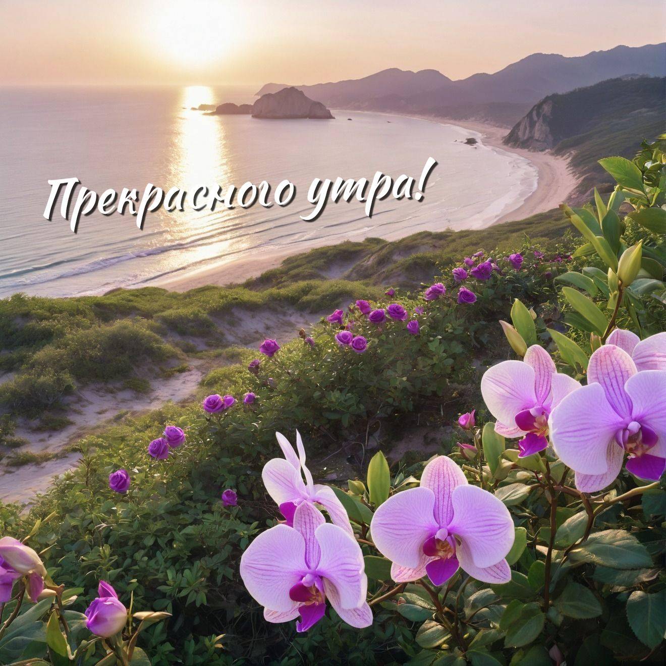 Утро, розовые орхидеи на фоне моря и закат