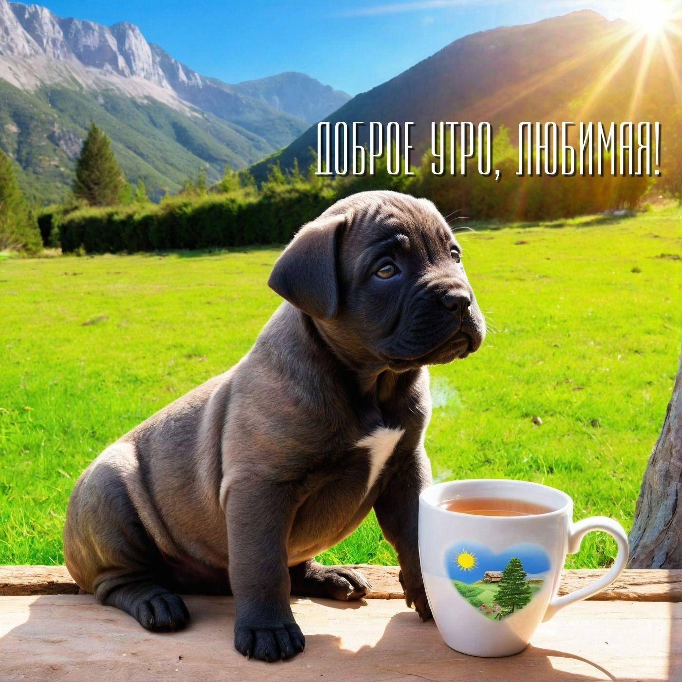 Утро, щенок и кружка на фоне лугов и гор