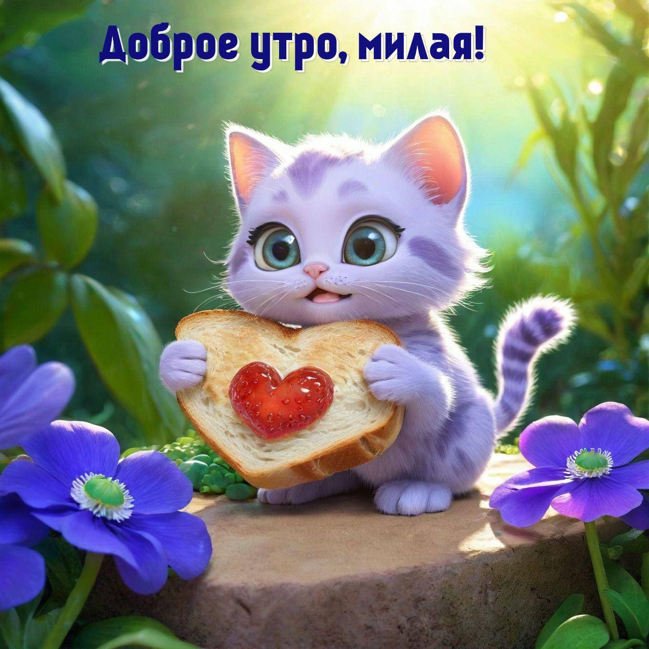 Утро, симпатичный котенок с хлебом и вареньем в лапках