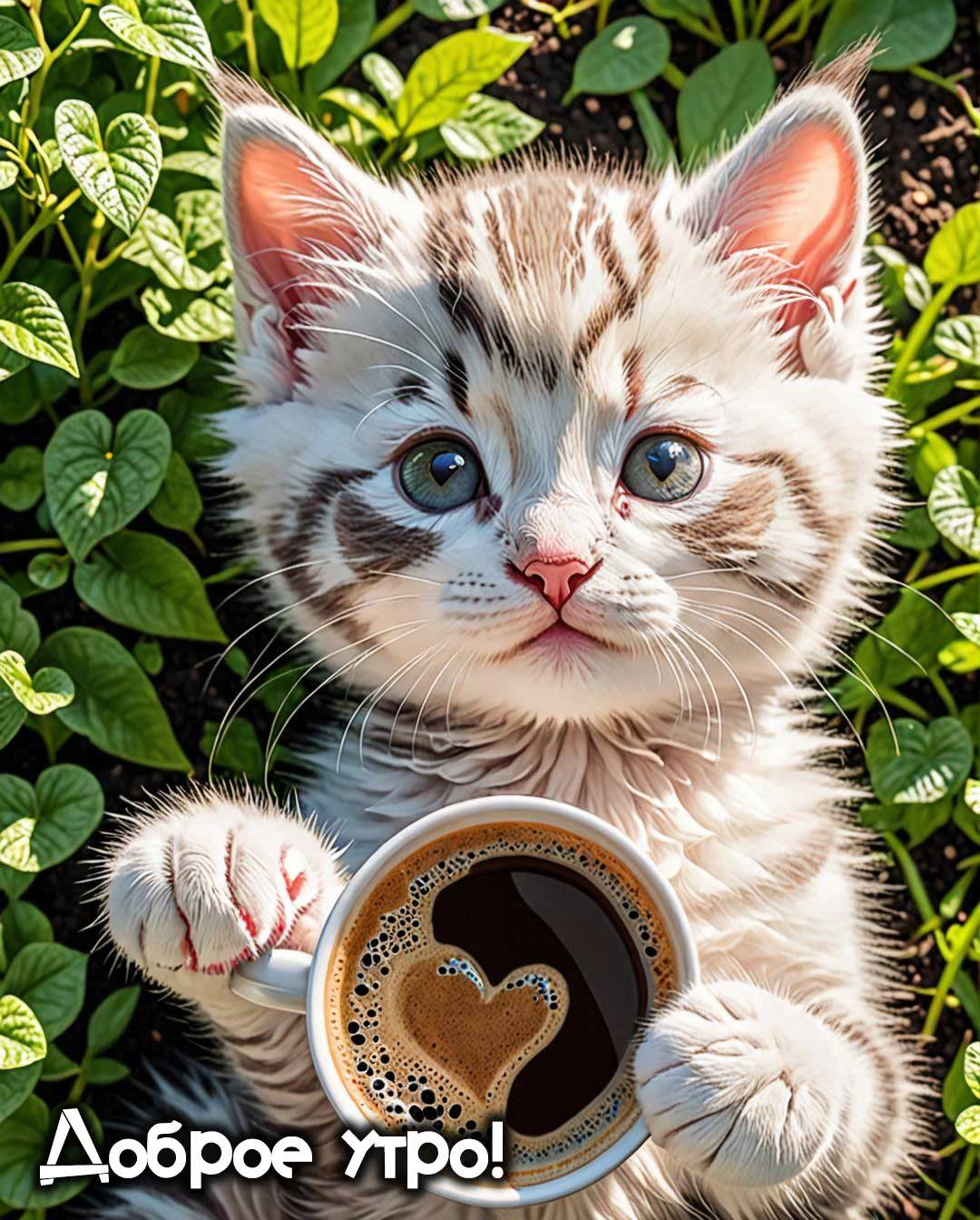 Утро, симпатичный котёнок с чашкой кофе на земле среди листьев