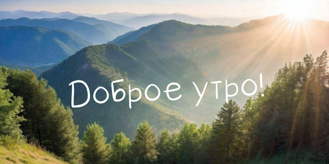 Утро, солнечное утро в горах, деревья на переднем плане