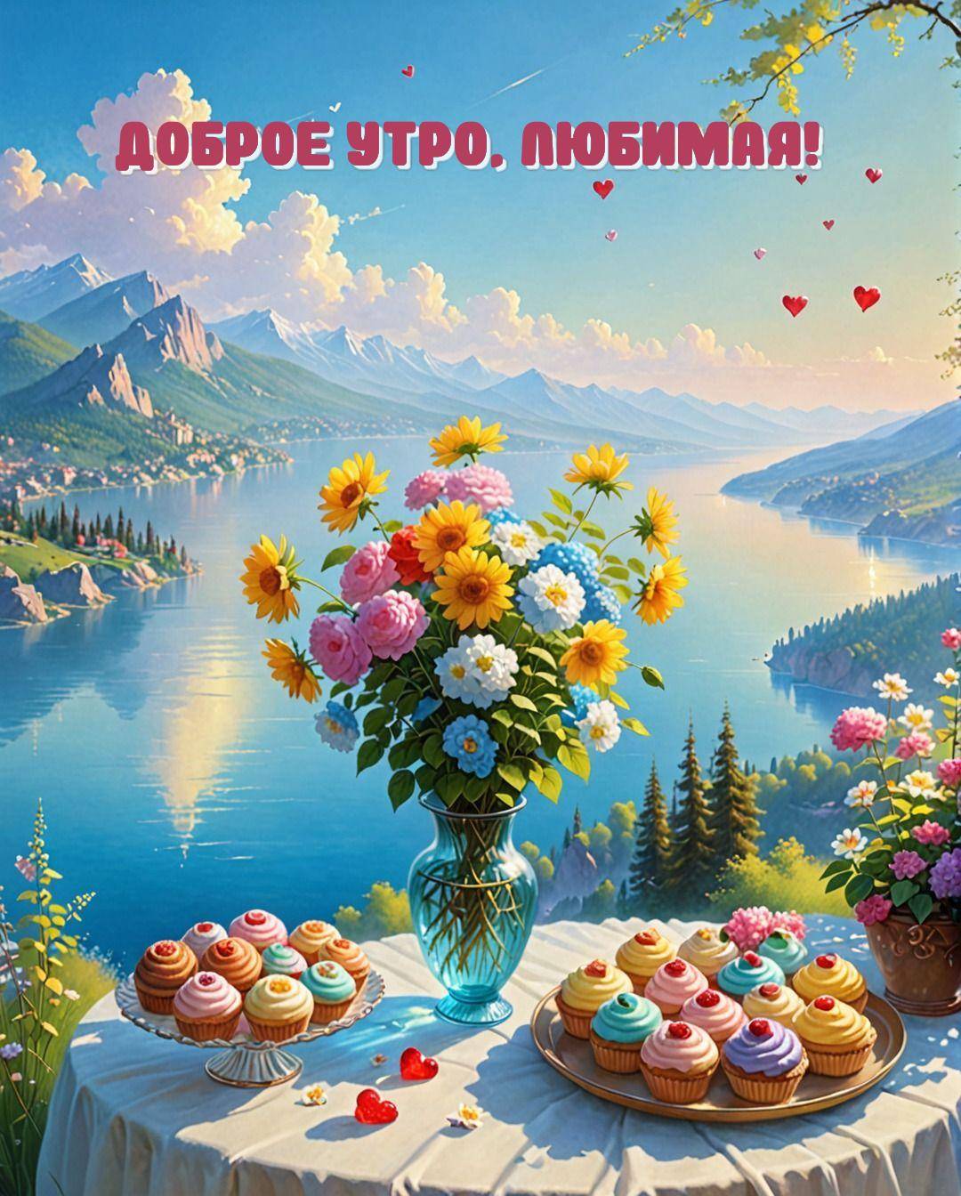 Утро, стол с капкейками и букетом на фоне озера и гор
