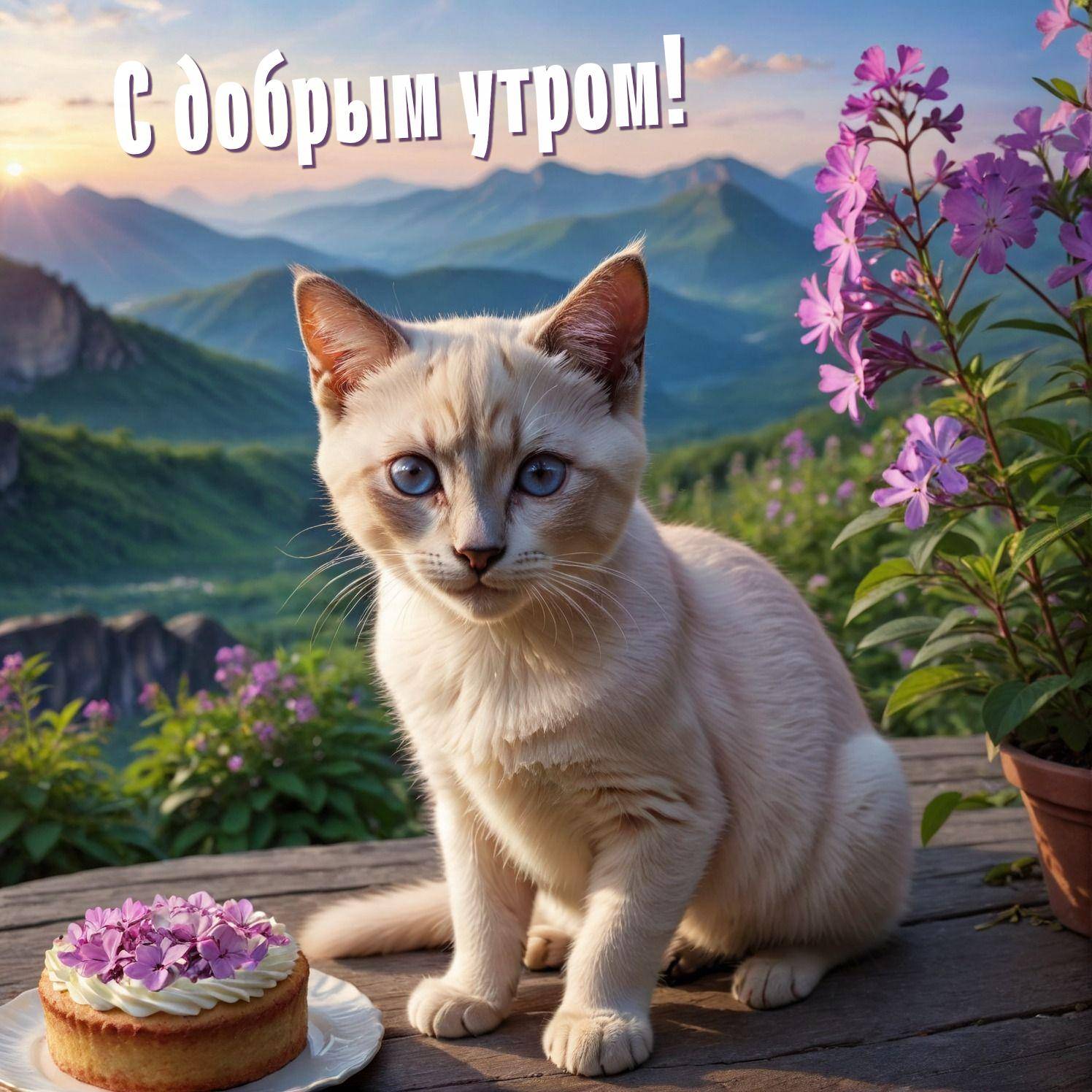 Утро, светлый котёнок с пирожным на фоне пейзажа