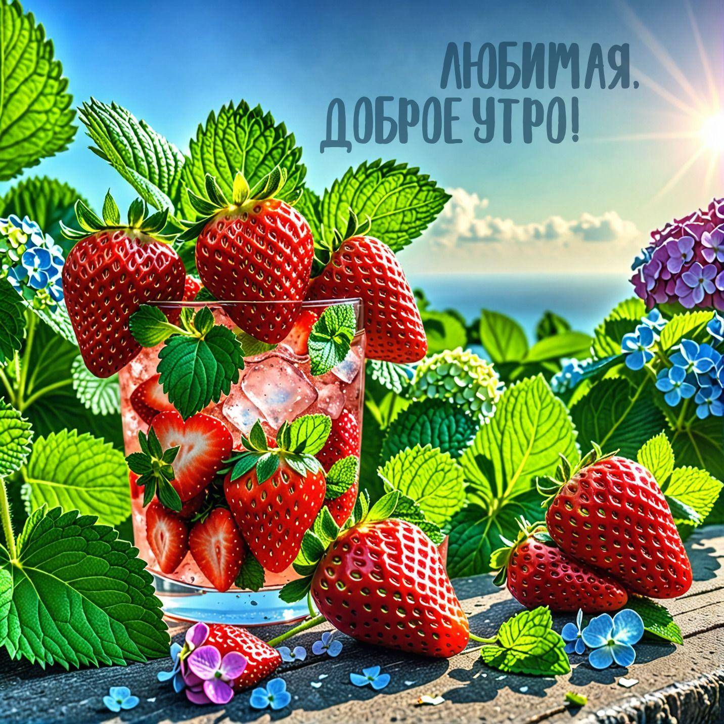 Утро, свежие клубники в стакане с мятой и льдом