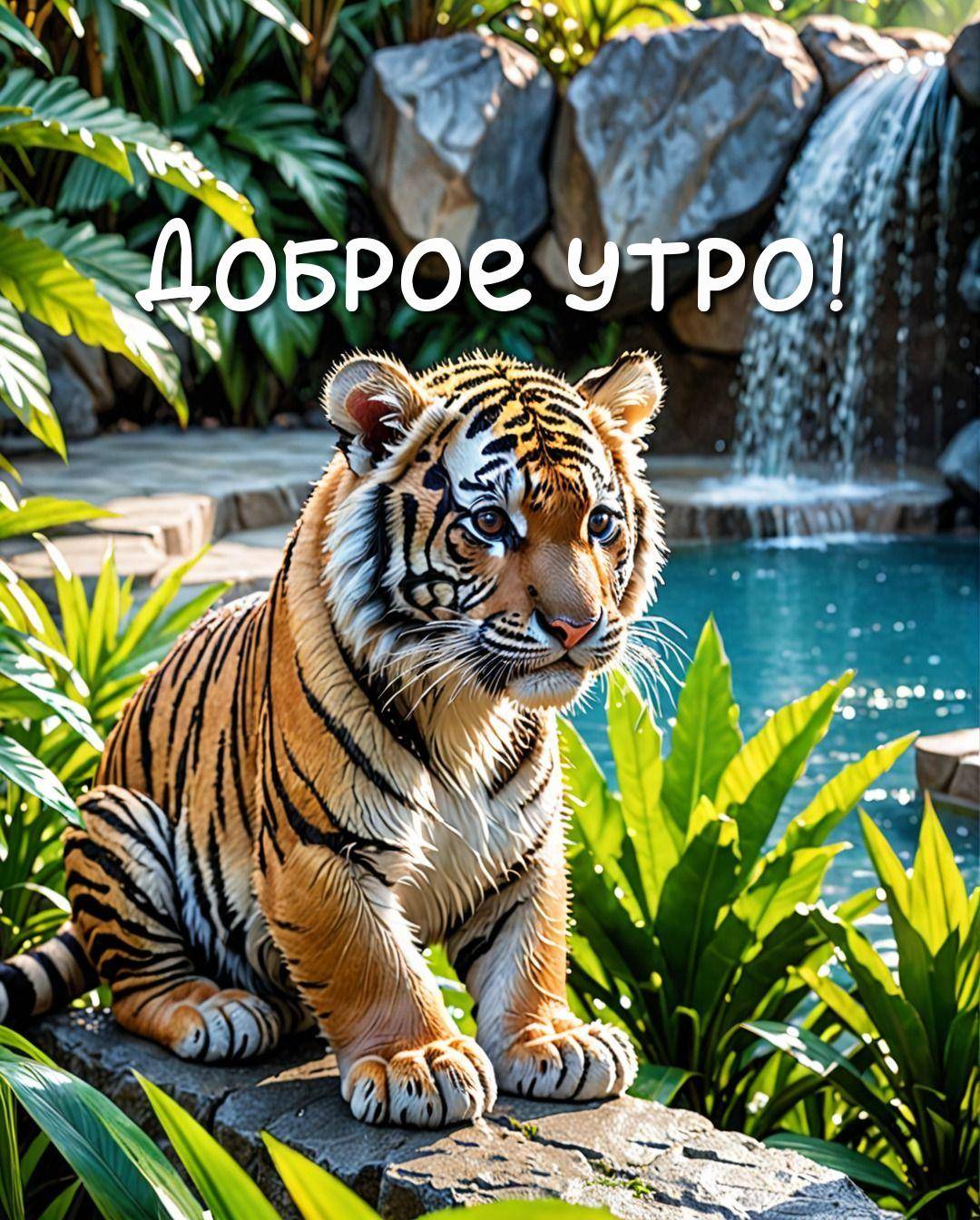 Утро, тигр на камне среди растительности