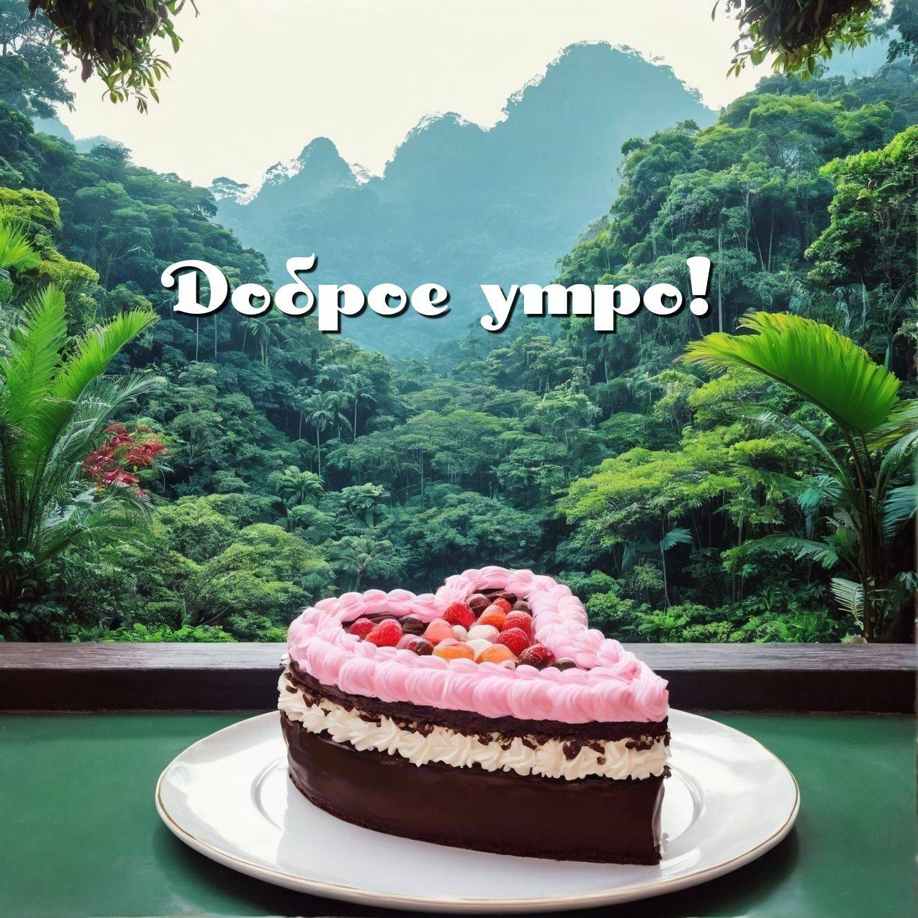 Утро, торт в форме сердца с розовым кремом и фруктами