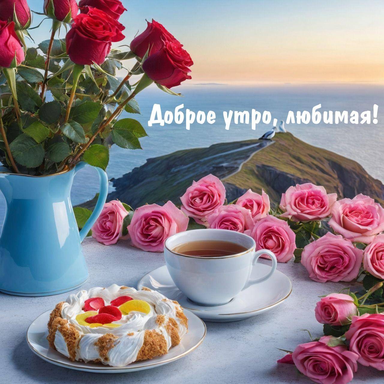 Утро, цветы, чай и десерт на фоне ландшафта