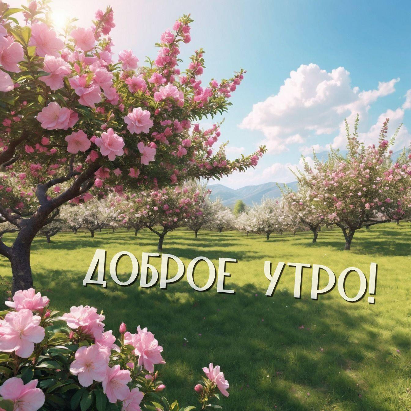 Утро, цветущие деревья и горы на фоне ясного неба