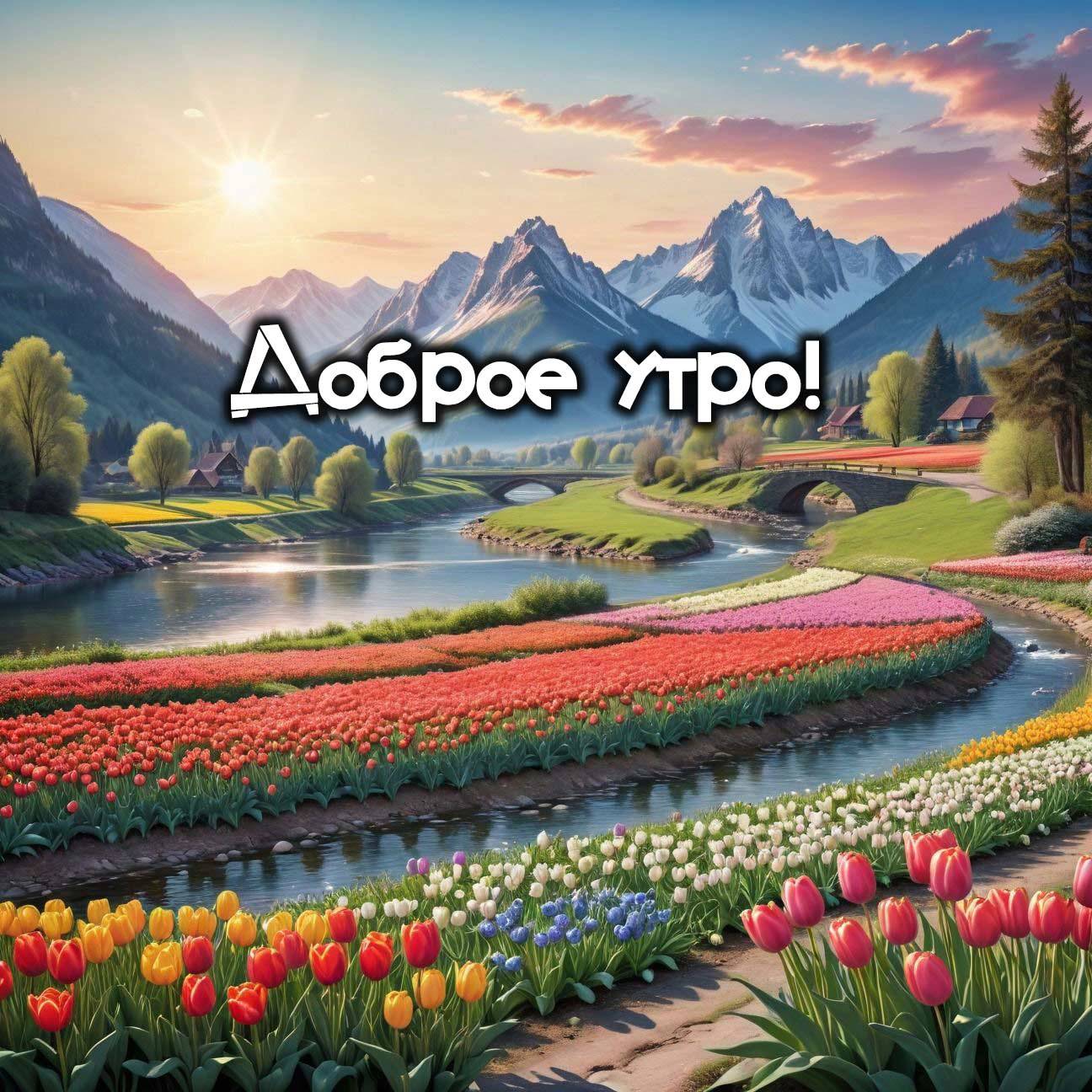 Утро, цветущие тюльпановые поля вдоль реки
