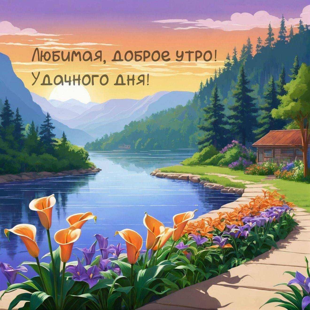 Утро, уютный пейзаж с рекой и цветами