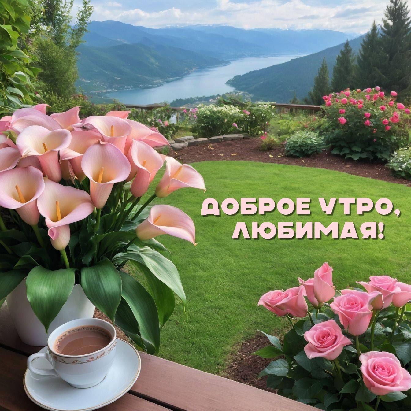 Утро, ваза с каллами и розами в красивом саду