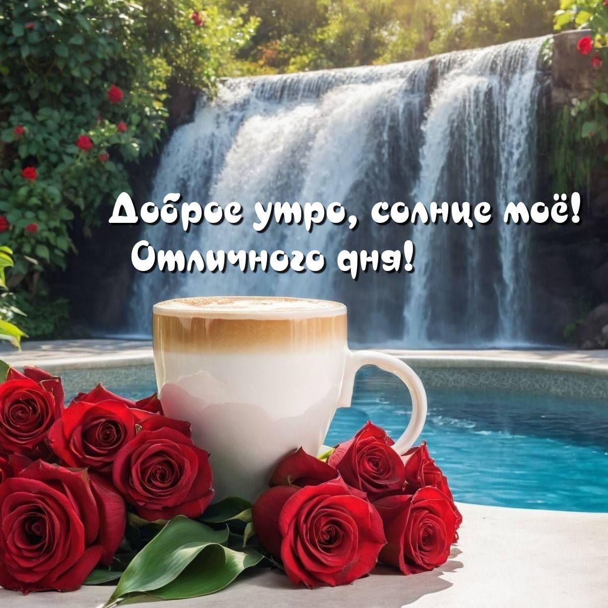 Утро, водопад и чашка с кофе среди роз